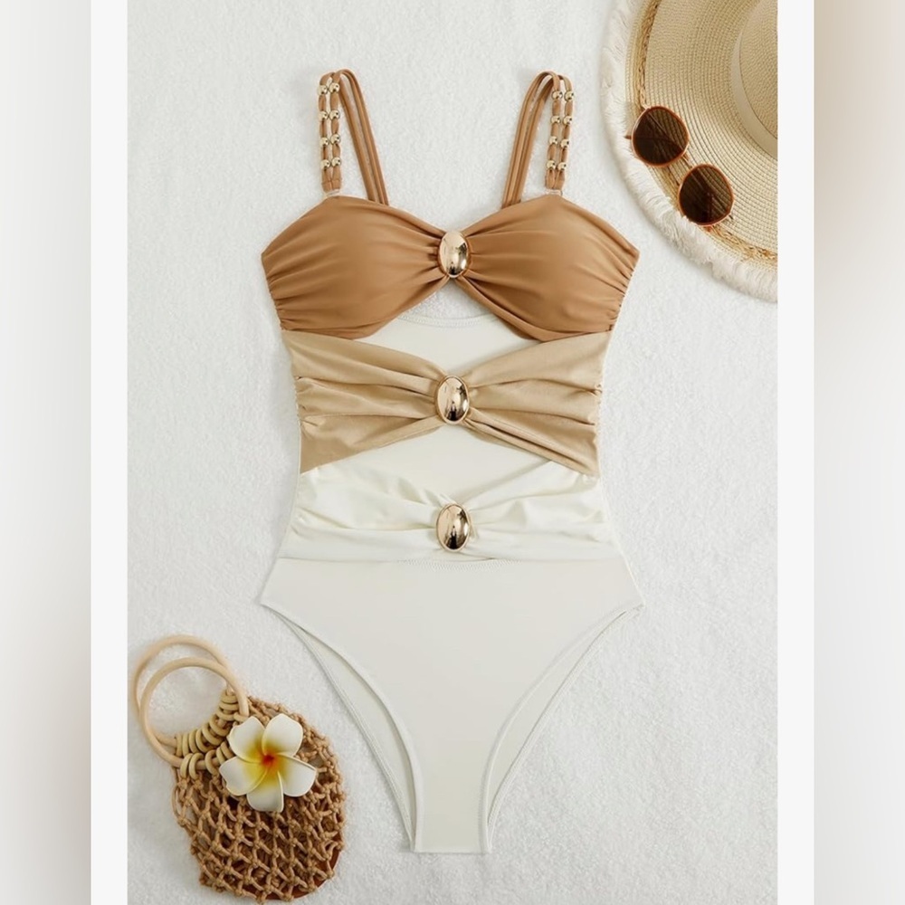UNBRANDED COLOR BLOCK CREAM & TAN CUTOUT GOLDTONE HARDWARE SWIMWEAR XL